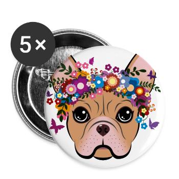 Flower Power French Bulldog - Buttons groß 56 mm (5er Pack) - Weiß - Vorne
