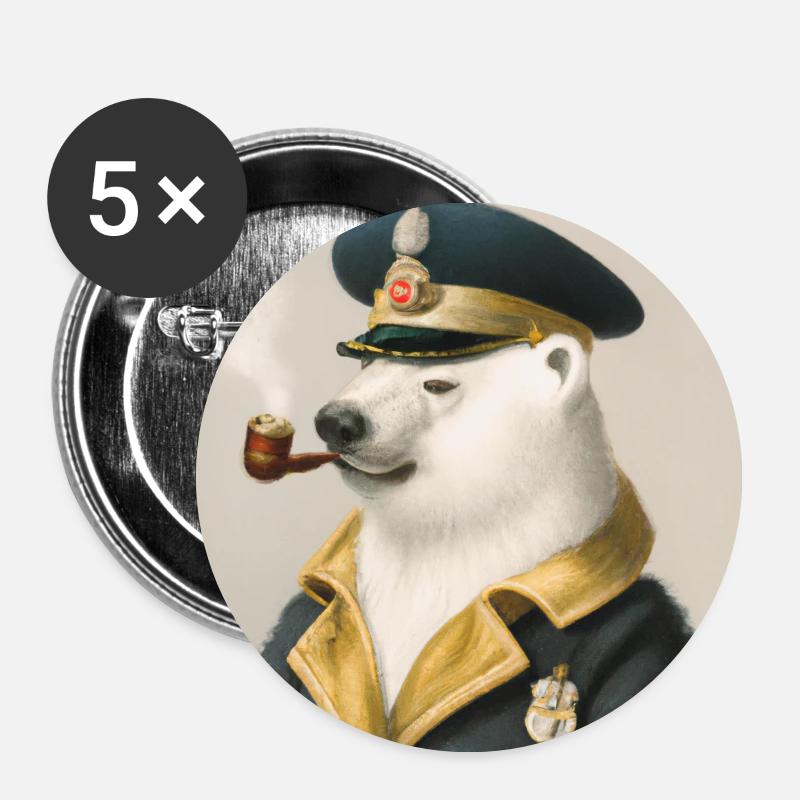 Alter Seebär - Eisbär mit Pfeife - Buttons groß 56 mm (5er Pack) - Weiß