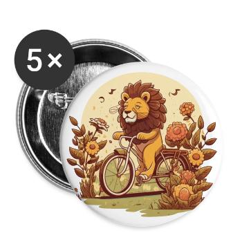 Löwe auf dem Fahrrad - Buttons groß 56 mm (5er Pack) - Weiß - Vorne