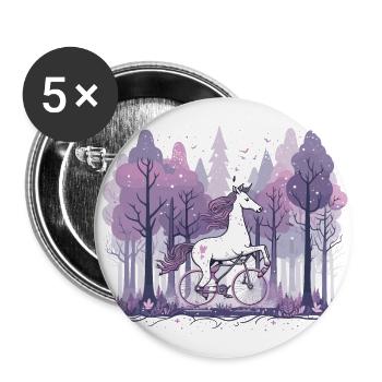 Licorne sur un vélo à paillettes - Lot de 5 grands badges (56 mm) - blanc - Devant