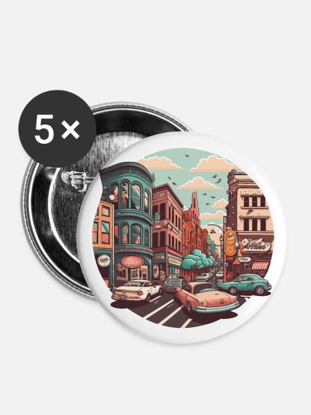 Retro-Stadtleben - Buttons groß 56 mm (5er Pack) - Weiß