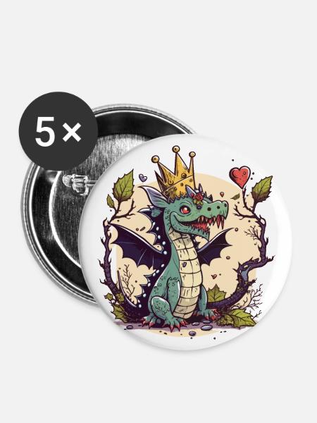 Gekrönter Drache - Buttons groß 56 mm (5er Pack) - Weiß