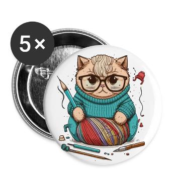Chat à tricoter - Lot de 5 grands badges (56 mm) - blanc - Devant