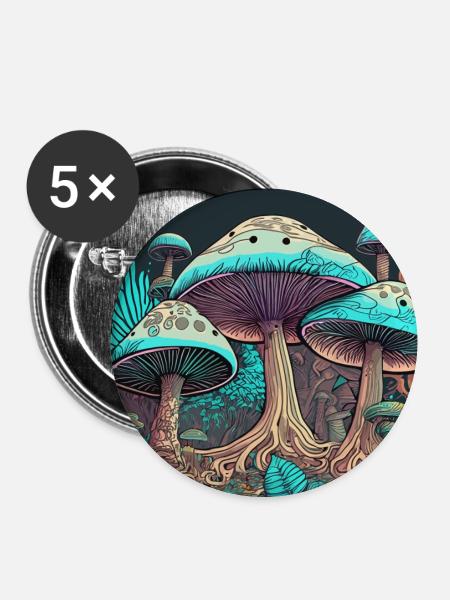 Psychedelischer Pilz-Dschungel - Buttons groß 56 mm (5er Pack) - Weiß
