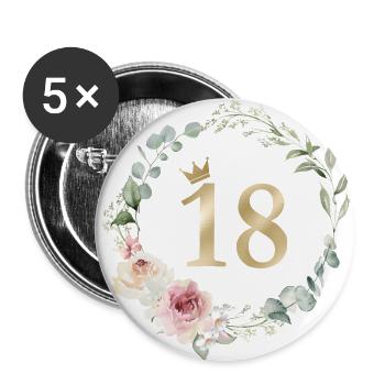Zahl 18, Blumenkranz-Krone, personalisierbar - Buttons groß 56 mm (5er Pack) - Weiß - Vorne