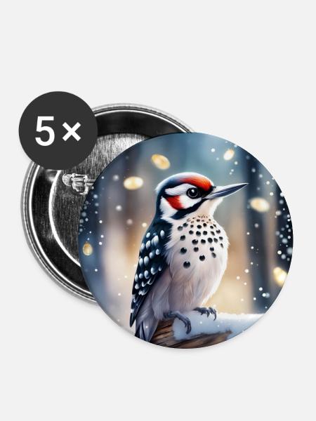 Specht im Schnee - Buttons groß 56 mm (5er Pack) - Weiß