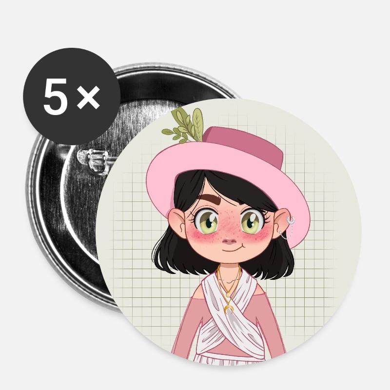 Manga Mädchen Chibi Figur mit Hut - Buttons groß 56 mm (5er Pack) - Weiß