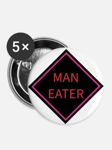 Menschenfresser-Warnschild - Buttons groß 56 mm (5er Pack) - Weiß
