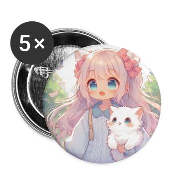 Fille d'animé japonais se promène avec son chat - Lot de 5 grands badges (56 mm) - blanc - Devant