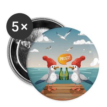 02 Lustige Möwen trinken Flaschen Bier Meer Prost - Buttons groß 56 mm (5er Pack) - Weiß - Vorne