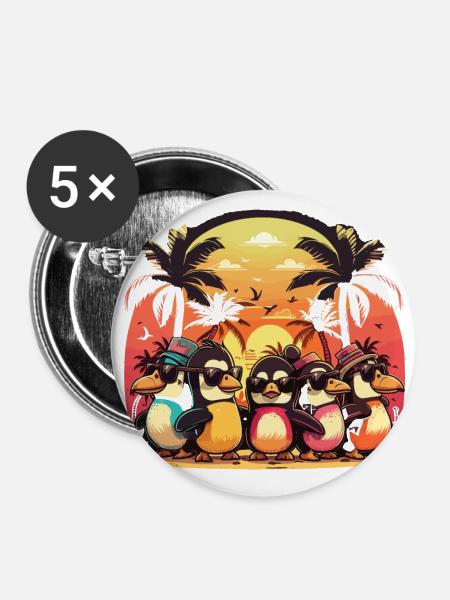 Tropical Penguin Fiesta: Bunter Spaß auf Hawaiianisch - Buttons groß 56 mm (5er Pack) - Weiß