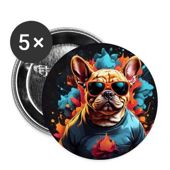 Französische Bulldogge Frenchie mit Sonnenbrille - Buttons groß 56 mm (5er Pack) - Weiß - Vorne