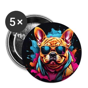 Französische Bulldogge Frenchie mit Sonnenbrille - Buttons groß 56 mm (5er Pack) - Weiß - Vorne