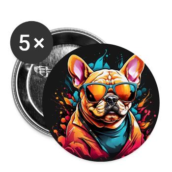 Französische Bulldogge Frenchie mit Sonnenbrille - Buttons groß 56 mm (5er Pack) - Weiß - Vorne