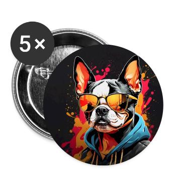 Boston Terrier Bostie mit Sonnenbrille - Buttons groß 56 mm (5er Pack) - Weiß - Vorne