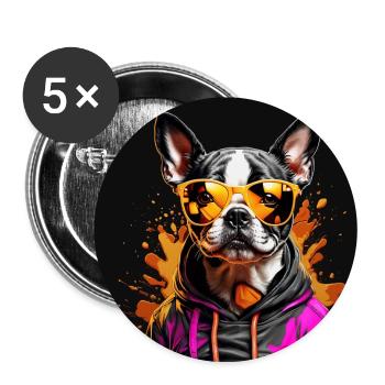 Boston Terrier Bostie mit Sonnenbrille - Buttons groß 56 mm (5er Pack) - Weiß - Vorne