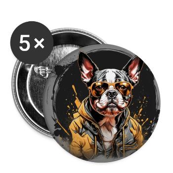 Boston Terrier Bostie mit Sonnenbrille - Buttons groß 56 mm (5er Pack) - Weiß - Vorne