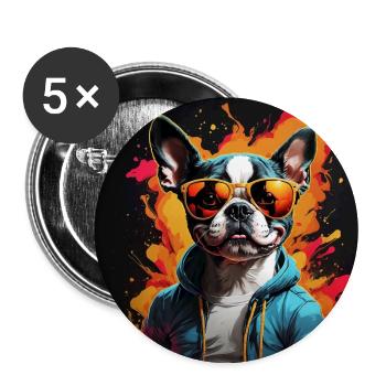Boston Terrier Bostie mit Sonnenbrille - Buttons groß 56 mm (5er Pack) - Weiß - Vorne