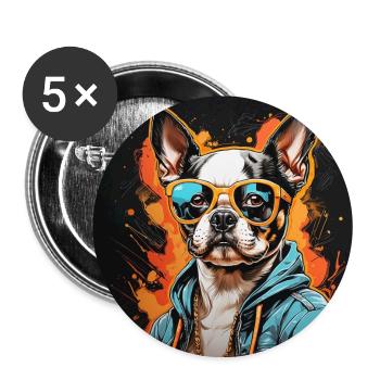Boston Terrier Bostie mit Sonnenbrille - Buttons groß 56 mm (5er Pack) - Weiß - Vorne