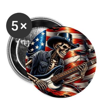 Skelett Skull mit Bassgitarre und US Flagge - Buttons groß 56 mm (5er Pack) - Weiß - Vorne