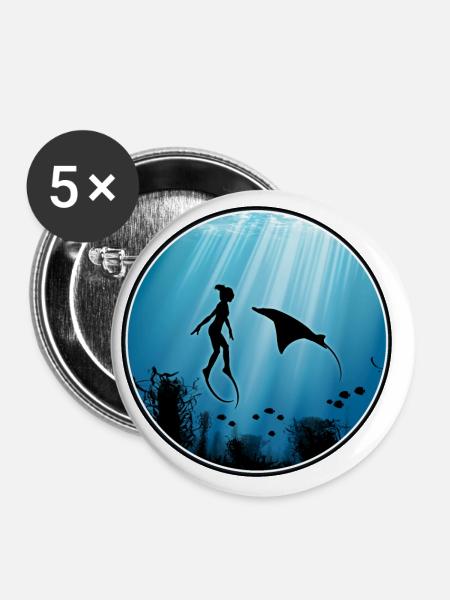 Freitaucher und Mantarochen - Buttons groß 56 mm (5er Pack) - Weiß