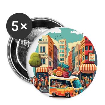Le marché animé de la ville - Lot de 5 grands badges (56 mm) - blanc - Devant