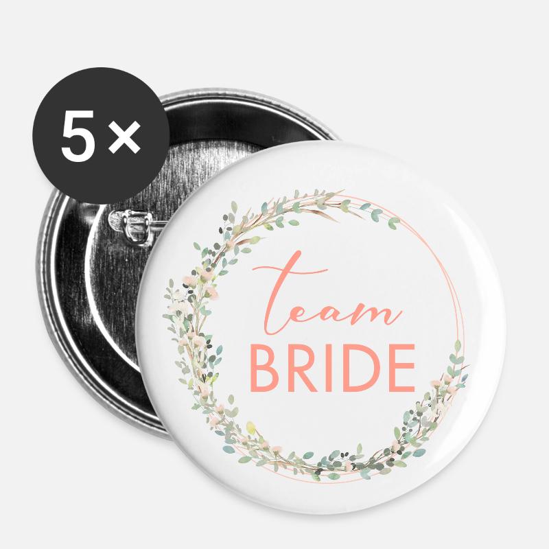 Kranz Team Bride personalisierbar - Buttons groß 56 mm (5er Pack) - Weiß