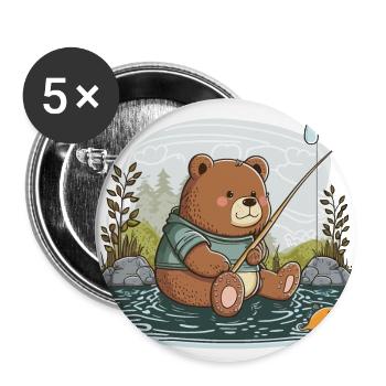 Fischender Bär - Buttons groß 56 mm (5er Pack) - Weiß - Vorne