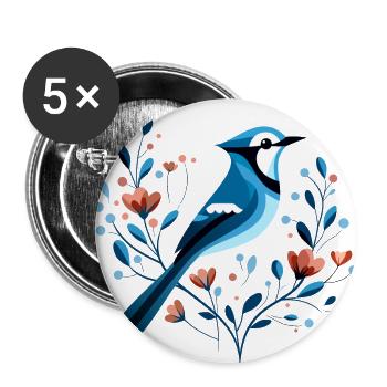 Blue jay with flowers - Buttons large 2.2''/56 mm (5-pack) - white - Front