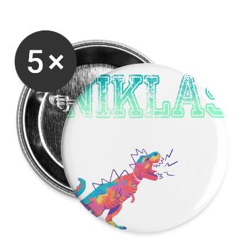 NIKLAS - Schöner Jungen Name mit Dinosaurier - Buttons groß 56 mm (5er Pack) - Weiß - Vorne