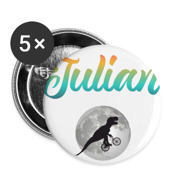 JULIAN - Schöner Jungen Name mit Dinosaurier - Buttons groß 56 mm (5er Pack) - Weiß - Vorne
