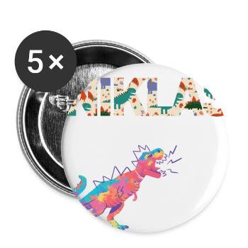 NIKLAS - Schöner Jungen Name mit Dinosaurier - Buttons groß 56 mm (5er Pack) - Weiß - Vorne