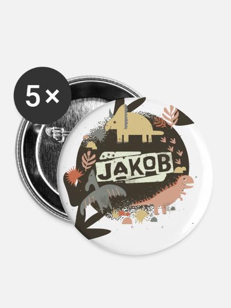 Jakob - Cooler Jungen Name mit coolen Dinosauriern - Buttons groß 56 mm (5er Pack) - Weiß