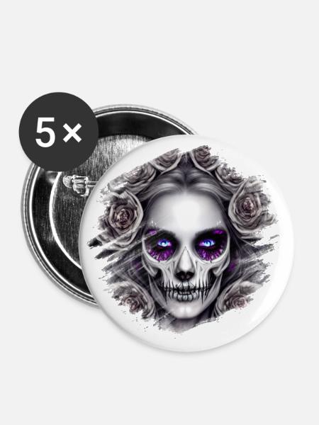Totenkopf Frau - Fantasy - Buttons groß 56 mm (5er Pack) - Weiß
