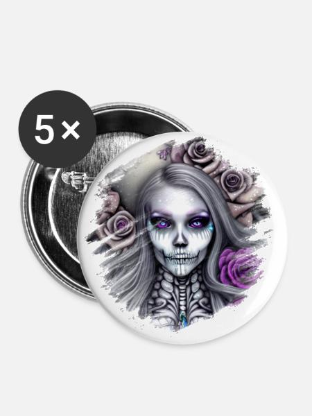 Skelett Frau - Buttons groß 56 mm (5er Pack) - Weiß
