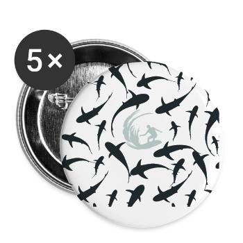 Surfen mit Haien Surfing with Sharks - Buttons groß 56 mm (5er Pack) - Weiß - Vorne