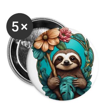 Faultier und Blume - Buttons groß 56 mm (5er Pack) - Weiß - Vorne
