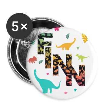 FINN - Schöner Jungen Name mit Dinosaurier - Buttons groß 56 mm (5er Pack) - Weiß - Vorne