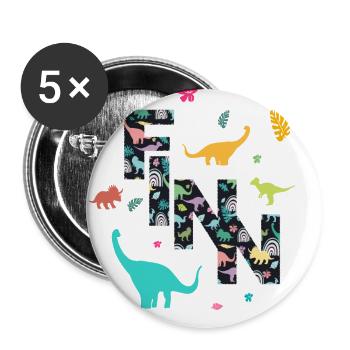 FINN - Schöner Jungen Name mit Dinosaurier - Buttons groß 56 mm (5er Pack) - Weiß - Vorne