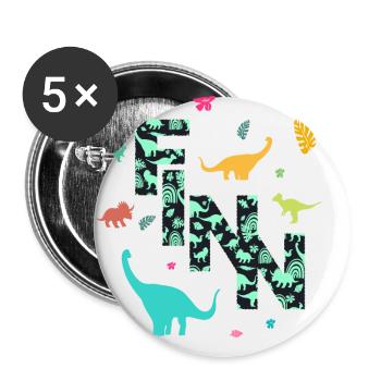 FINN - Schöner Jungen Name mit Dinosaurier - Buttons groß 56 mm (5er Pack) - Weiß - Vorne