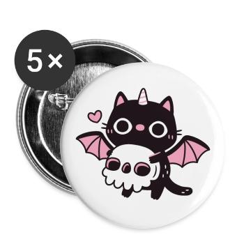 Süßer Dämon Schwarzer Katze Holding Totenkopf - Buttons groß 56 mm (5er Pack) - Weiß - Vorne