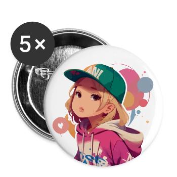 Blondes Mädchen im Kapuzenpullover - Buttons groß 56 mm (5er Pack) - Weiß - Vorne