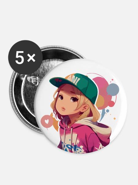 Blondes Mädchen im Kapuzenpullover - Buttons groß 56 mm (5er Pack) - Weiß