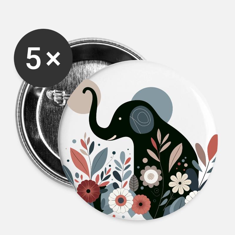 Floraler Elefant - Buttons groß 56 mm (5er Pack) - Weiß