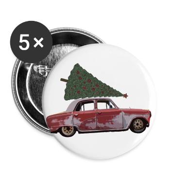 Voiture classique avec sapin - Lot de 5 grands badges (56 mm) - blanc - Devant