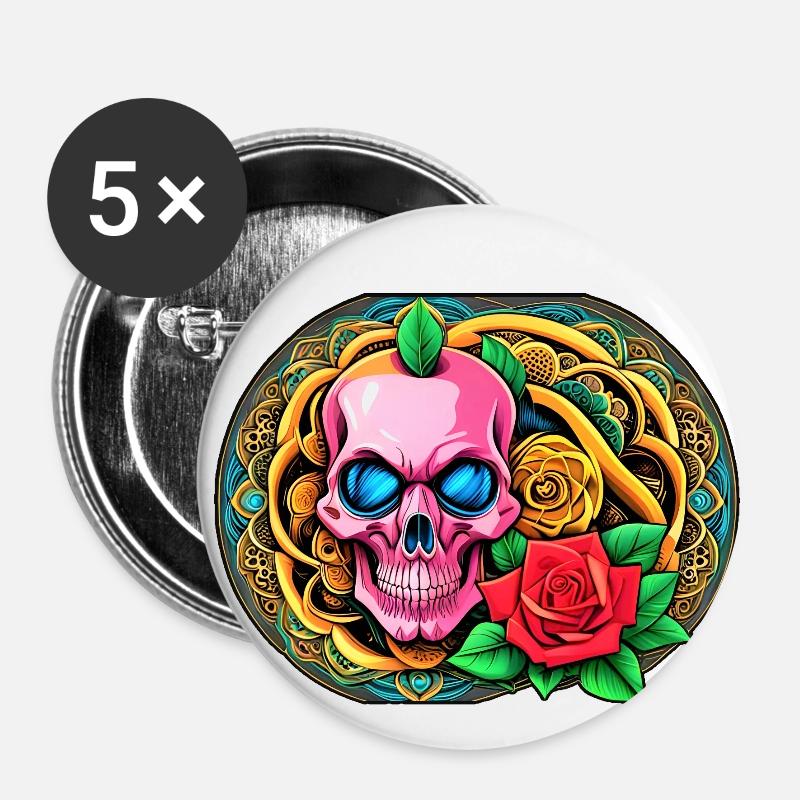 Skulls 'n' Roses - Pink Skull - Buttons groß 56 mm (5er Pack) - Weiß