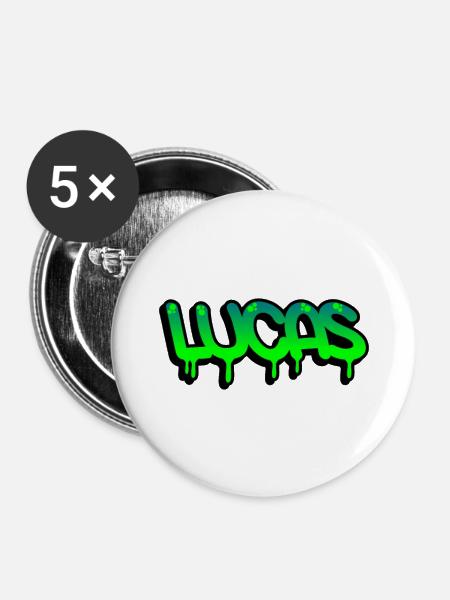 Graffiti-Name Lucas - Buttons groß 56 mm (5er Pack) - Weiß
