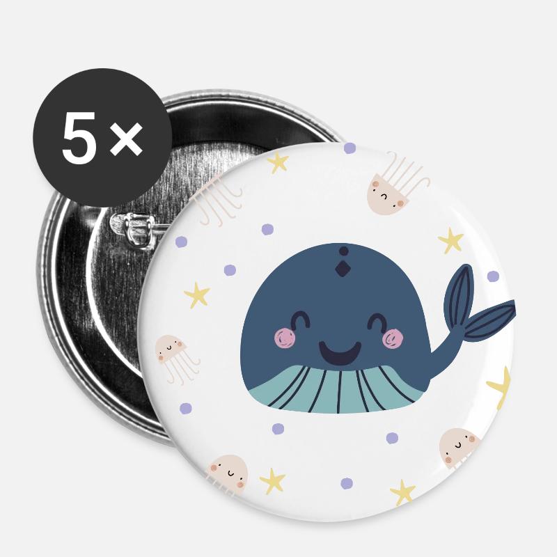 Whale with jellyfish | Underwater world Modern and Boho - Buttons large 2.2''/56 mm (5-pack) - white