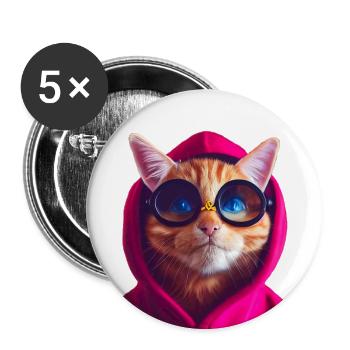 Ginger Cute Cat in farbigem Hoodie mit Brille - Buttons groß 56 mm (5er Pack) - Weiß - Vorne