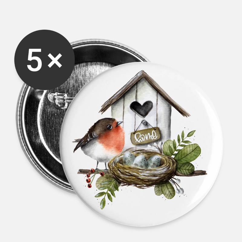 Birdhouse with robin - Buttons large 2.2''/56 mm (5-pack) - white